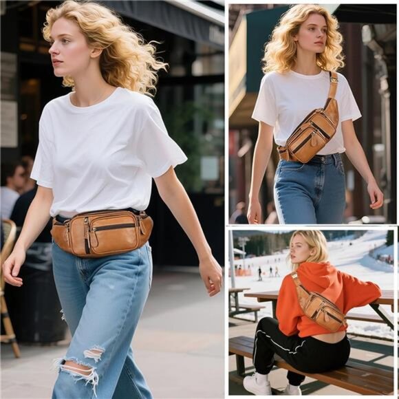 Genuine Leather Fanny Pack large capacity Crossbody Waist Bag with Zipper phone - Picture 3 of 7